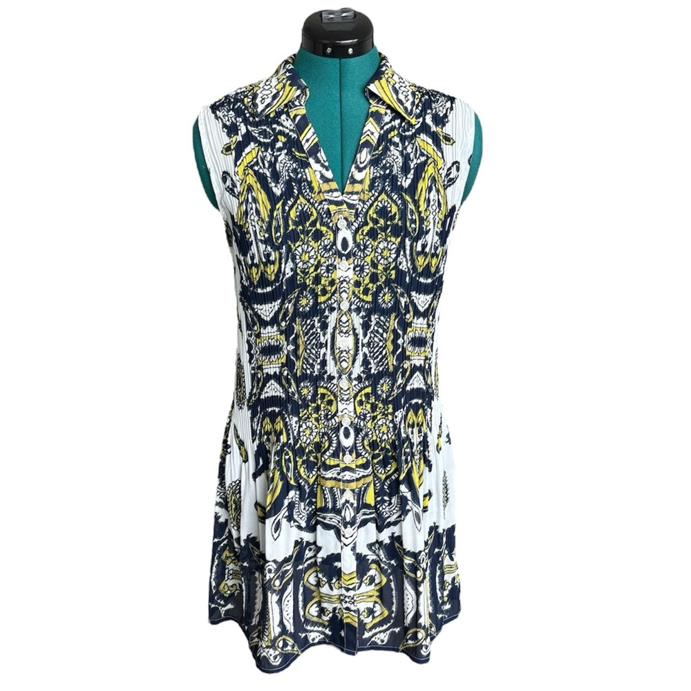 ALFANI Pleated Blue Yellow Abstract Print Sleeveless Collared Tunic